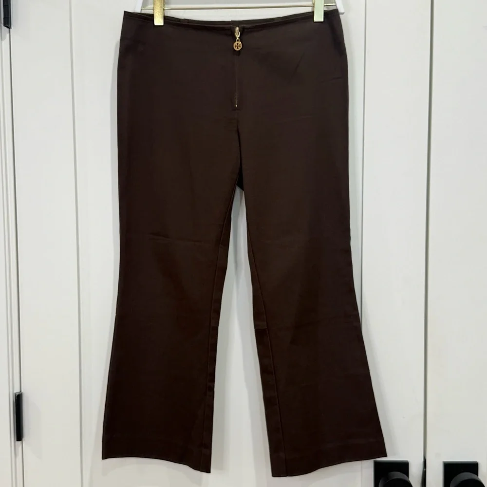 Tory Burch Kick Flare Pants Size 8 Brown Cropped Zip Work Minimal City Chic